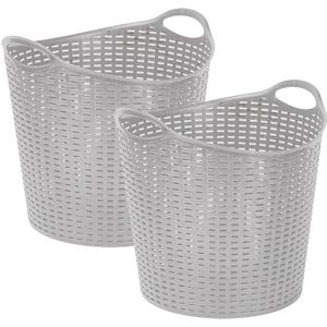 Plasticforte Gevlochten wasmand/opbergmand - 2x - flexibel - zilver - 27 liter - rond - kunststof - 40 x 37 cm