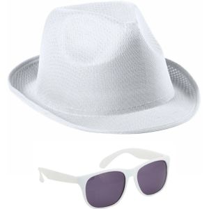 Carnaval verkleedkleding set - hoedje en party zonnebril - wit - volwassenen - Verkleedattributen