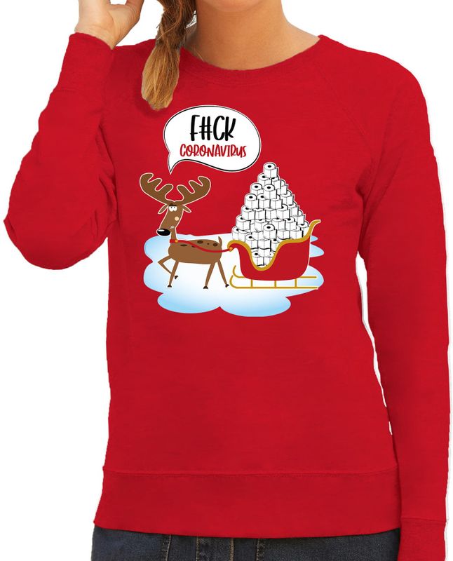 F#ck coronavirus foute Kerstsweater / outfit rood voor dames - kerst truien