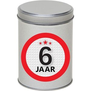 Metalen zilver rond blikje cadeauverpakking 13 cm met 6 jaar sticker - Cadeaudoosjes