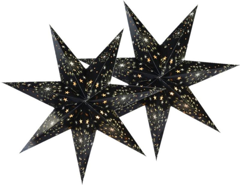 Decoris verlichte kerststerren - 2x - zwart - 60 cm - papier - op batterijen