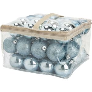 48x stuks kunststof kerstballen ijsblauw 6 cm in opbergtas/opbergbox - Kerstbal