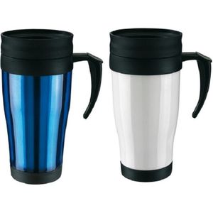 Set van 2x Thermosbekers/warmhoud bekers blauw en wit 400 ml - Isolerende drinkbekers voor koffie/thee