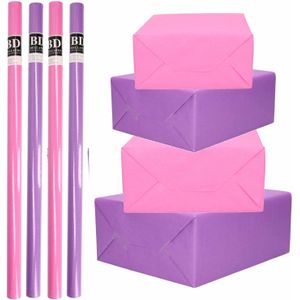 8x Rollen kraft inpakpapier pakket roze/paars voor meisjes/dames 200 x 70 cm - Cadeaupapier