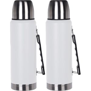 2x stuks RVS thermosfles/isoleerkan 1 liter kobalt wit - Thermoskan/warmhoudkan