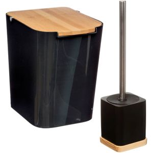 Badkamer/toilet accessoires set - WC-borstel in houder en prullenbak - zwart - bamboe - 5 liter