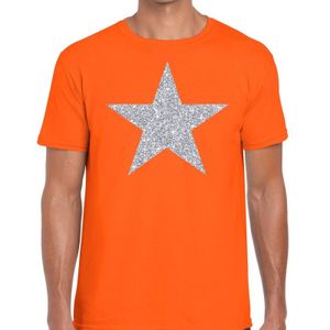 Zilveren ster glitter t-shirt oranje heren - Feestshirts