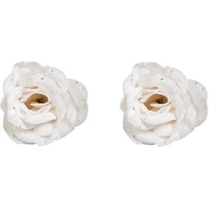 4x stuks rozen met glitters wit op klem 7 cm - Kersthangers