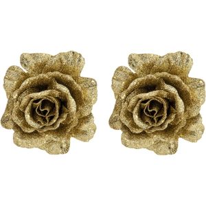 2x stuks decoratie bloemen roos goud glitter op clip 10 cm - Decoratiebloemen/kerstboomversiering/kerstversiering