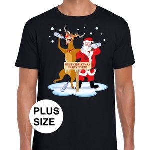 Grote maten Kerst t-shirt dronken kerstman en Rudolf zwart  - kerst t-shirts