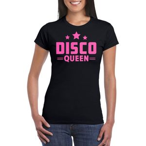 Verkleed T-shirt voor dames - disco queen - zwart - roze glitter - jaren 70/80 - carnaval/themafeest - Feestshirts