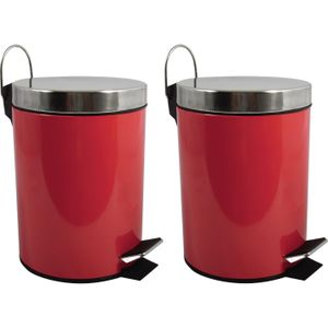 Prullenbak/pedaalemmer - 2x - metaal - rood - 3 liter - 17 x 25 cm - Badkamer/toilet - Pedaalemmers