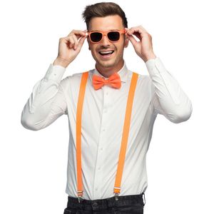 Carnaval verkleed set - bretels/party bril/vlinderstrikje - neon oranje - volwassenen/heren/dames - Verkleedbretels