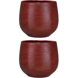 2x mica decorations bloempot - rood- ribbel - keramiek - 25 x 20 cm - Plantenpotten