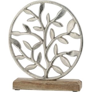 Decoratie Levensboom Rond van Aluminium Op Houten Voet 25 cm Zilver
