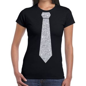 Zwart fun t-shirt met stropdas in glitter zilver dames - Feestshirts