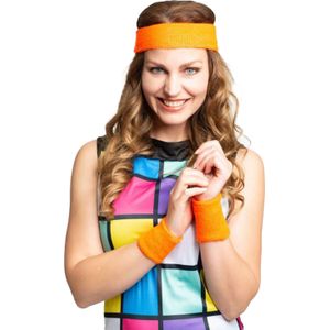 Foute 80s/90s party verkleed accessoire zweetbandjes set - neon oranje - jaren 80/90 thema feestje - Verkleedsieraden