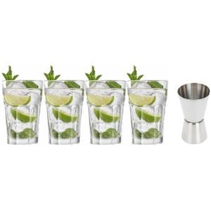 4x Cocktailglazen / Mojito glazen transparant 410 ml - Met RVS maatbeker / barmaatje 2-in-1 15/30 ml