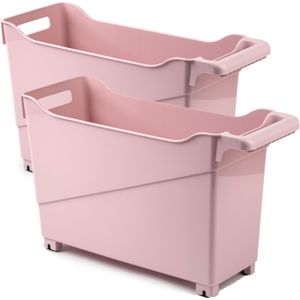 Set van 4x stuks kunststof trolleys pastel roze op wieltjes L45 x B17 x H29 cm - Voorraad/opberg boxen/bakken