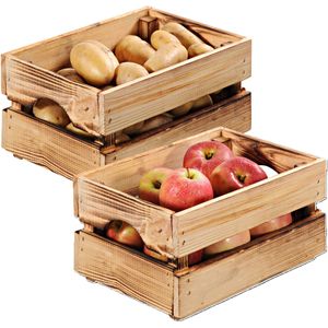 Fruitkisten opslagbox - 2x - old look - lichtbruin - hout - L40 x B30 x H23 cm - Opbergkisten