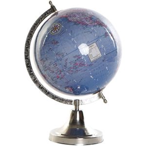 Decoratie wereldbol/globe blauw op aluminium voet 20 x 32 cm - Wereldbollen