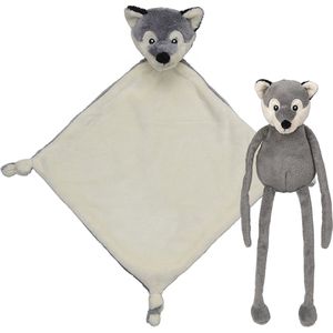 Pluche Dieren Setje Wolf Knuffel van 33 cm en Tutteldoekje 40 cm