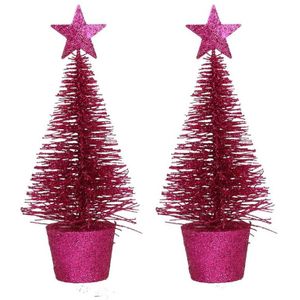 Set van 4x stuks glitter mini kerstboompjes fuchsia roze - Kunstkerstboom