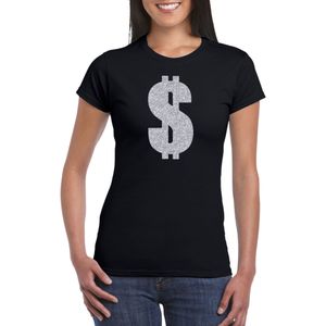 Zilveren dollar / Gangster verkleed t-shirt / kleding zwart dames - Feestshirts