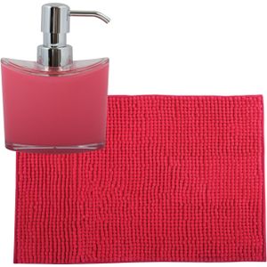 MSV badkamer droogloop mat/tapijtje - 40 x 60 cm - en zelfde kleur zeeppompje 260 ml - fuchsia roze