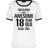 Awesome 18 year / 18 jaar wit/zwart ringer cadeau t-shirt voor dames - Feestshirts