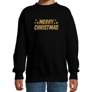 Merry Christmas Kerst sweater / trui zwart voor kinderen met gouden glitter bedrukking - kerst truien kind