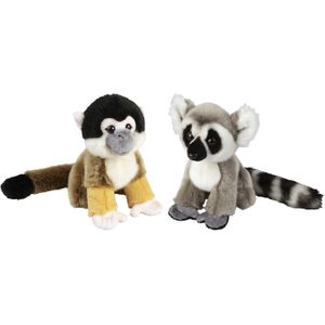 Apen serie zachte pluche knuffels 2x stuks - Ringstaart Maki en Squirrel Aapje van 18 cm - Knuffel bosdieren