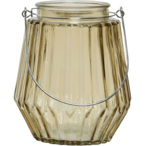Decoris Waxinelichthouder - Streepjes Glas - Taupe - Metalen Handvat - 11 X 13 cm