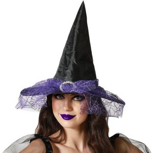Halloween heksenhoed - met sluier  - one size - zwart/paars - meisjes/dames - Verkleedhoofddeksels