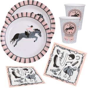 Paarden thema feest wegwerp servies set - 10x bordjes / 10x bekers / 20x servetten - grijs/roze - Feestpakketten