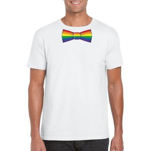 Wit t-shirt met regenboog vlag strikje heren - Feestshirts