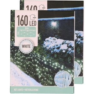 Set van 2x stuks kerstverlichting lichtnetten/netverlichting 200 x 100 cm helder wit - Kerstverlichting lichtgordijn