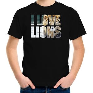 Tekst t-shirt I love lions met dieren foto van een leeuw zwart voor kinderen - T-shirts