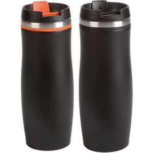 2x stuks isoleer/warmhoudbekers zwart en zwart/oranje kleur 400 ml - Thermosbeker