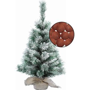 Mini kerstboom besneeuwd -incl. verlichting bollen terracotta bruin- H60 cm - Kunstkerstboom