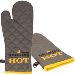 BBQ handschoenen - 2x - hittebestendig tot 250 graden - donker grijs/geel - katoen - ovenwanten - Barbecuegereedschapset