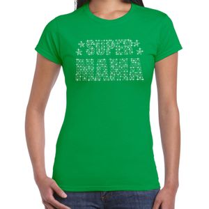 Glitter Super Mama t-shirt groen Moederdag cadeau rhinestones steentjes voor dames - Feestshirts