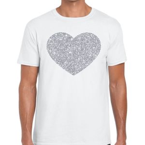 Zilver hart glitter fun t-shirt wit heren - Feestshirts