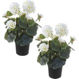 Set van 2x stuks witte geranium kunstplanten in zwarte kunststof pot 35 cm - Pelargonium Graveolens - Woondecoratie