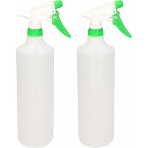 2x Waterverstuivers/plantenspuiten groen/witte spraykop 1 liter - Waterverstuivers