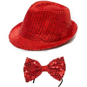 Carnaval verkleed set glitter hoed en strikje rood - Verkleedhoofddeksels