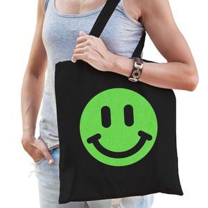 Cadeau tas voor dames - glitter smiley - zwart - katoen - 42 x 38 cm - Moederdag - verjaardag - Feest Boodschappentassen