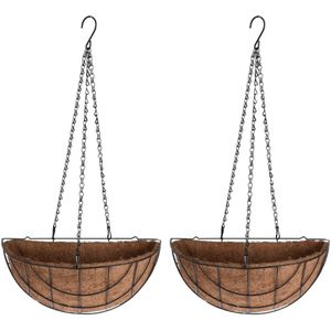 3x stuks metalen hanging baskets / plantenbakken halfrond zwart met ketting 37 cm - hangende bloemen - Plantenbakken