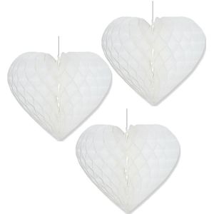 Set van 3x stuks papieren honeycomb hart wit 15 x 18 cm - Hangdecoratie