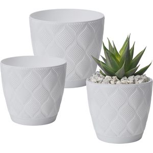 Form Plastic Plantenpot set New Age - 3x stuks - kunststof - ivoor wit - met schotel - Plantenpotten